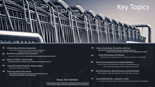 Key Topics
The overall retail industry in USA is forecast to grow at a CAGR of 3.5%
between 2020 and 2025 to reach USD 4,767bn
Market Size and Sector Composition
01
Augmented and Virtual Reality, Retail Robots, Evolving Customer Expectations and more
Key Drivers and Barriers for Consumers
02
Creating Stores that are Safe and Secure for Customers and Employees and more
Impact of COVID – Future Trends
03
IKEA, Starbucks, Target, Buskin Robins,
Successful Loyalty Programs- Retail category
04
Costco Wholesale Corporation is an American multinational corporation
that operates a membership-based retailing chain
Overview of the Costco Brand
05
A full 91% of its U.S. shopper base chose to renew their membership, and 87% Globally
Brand Positioning in the Market
07
Costco’s e-commerce net sales stands at $4.2bn, with 1.2% Market Share in US,
Costco’s Mobile Shopping App monthly visitors was around 13.34m
Brand Communication Across Media Platforms
08
Kirkland Signature, Apple, Samsung, Philips, Silk, Ring, Agio, Dyson, Sensodyne
Brand Architecture, Brand Extensions and Sub-Brands
09
11.3 m Business Memberships, 46.8m Gold Star Membership and 47.4m Executive Memberships
Loyalty/Membership – programs- Costco
10
Final Note- 2021 will It Be A Great Year For Costco?
Over 10% of Americans did their main grocery shopping at Costco and
over 22% of households did at least some of their shopping with the retailer
Costco- Brand Value, Perception..and more
06
Bonus- The Predictions
 