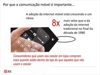 A adoção da internet móvel está crescendo a um
ritmo
8x mais veloz que o da
adoção da internet
tradicional no final da
década de 1990
Por que a comunicação móvel é importante...
Consumidores que usam seu celular em lojas compram
mais quando estão dentro da loja do que aqueles que não
usam o celular
 