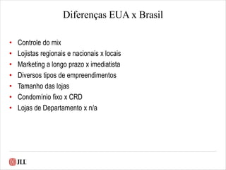 Diferenças EUA x Brasil
• Controle do mix
• Lojistas regionais e nacionais x locais
• Marketing a longo prazo x imediatista
• Diversos tipos de empreendimentos
• Tamanho das lojas
• Condomínio fixo x CRD
• Lojas de Departamento x n/a
 