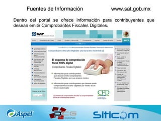 Fuentes de Información www.sat.gob.mx
Dentro del portal se ofrece información para contribuyentes que
desean emitir Comprobantes Fiscales Digitales.
 