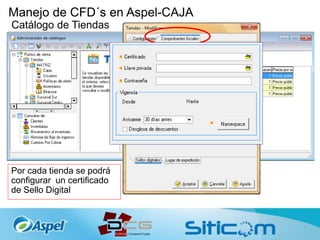 Manejo de CFD´s en Aspel-CAJA
Catálogo de Tiendas
Por cada tienda se podrá
configurar un certificado
de Sello Digital
 