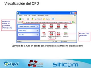 Visualización del CFD
Archivo XML
generado
Ejemplo de la ruta en donde generalmente se almacena el archivo xml.
Directorio
donde se
guarda el
archivo XML
 