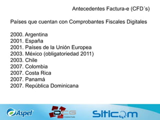 Antecedentes Factura-e (CFD´s)
Países que cuentan con Comprobantes Fiscales Digitales
2000. Argentina
2001. España
2001. Países de la Unión Europea
2003. México (obligatoriedad 2011)
2003. Chile
2007. Colombia
2007. Costa Rica
2007. Panamá
2007. República Dominicana
 