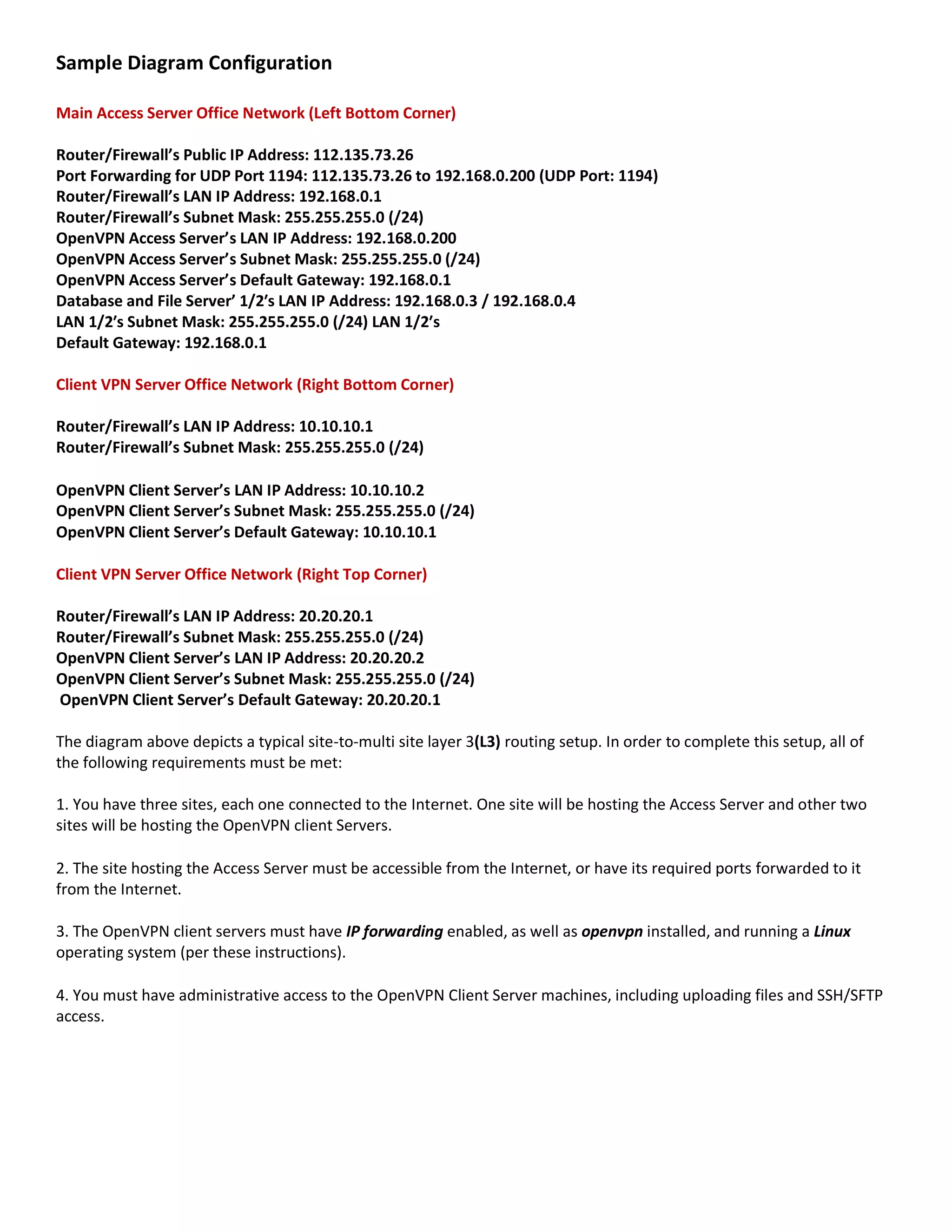 Sample Diagram Configuration
Main Access Server Office Network (Left Bottom Corner)
Router/Firewall’s Public IP Address: 112.135.73.26
Port Forwarding for UDP Port 1194: 112.135.73.26 to 192.168.0.200 (UDP Port: 1194)
Router/Firewall’s LAN IP Address: 192.168.0.1
Router/Firewall’s Subnet Mask: 255.255.255.0 (/24)
OpenVPN Access Server’s LAN IP Address: 192.168.0.200
OpenVPN Access Server’s Subnet Mask: 255.255.255.0 (/24)
OpenVPN Access Server’s Default Gateway: 192.168.0.1
Database and File Server’ 1/2′s LAN IP Address: 192.168.0.3 / 192.168.0.4
LAN 1/2′s Subnet Mask: 255.255.255.0 (/24) LAN 1/2′s
Default Gateway: 192.168.0.1
Client VPN Server Office Network (Right Bottom Corner)
Router/Firewall’s LAN IP Address: 10.10.10.1
Router/Firewall’s Subnet Mask: 255.255.255.0 (/24)
OpenVPN Client Server’s LAN IP Address: 10.10.10.2
OpenVPN Client Server’s Subnet Mask: 255.255.255.0 (/24)
OpenVPN Client Server’s Default Gateway: 10.10.10.1
Client VPN Server Office Network (Right Top Corner)
Router/Firewall’s LAN IP Address: 20.20.20.1
Router/Firewall’s Subnet Mask: 255.255.255.0 (/24)
OpenVPN Client Server’s LAN IP Address: 20.20.20.2
OpenVPN Client Server’s Subnet Mask: 255.255.255.0 (/24)
OpenVPN Client Server’s Default Gateway: 20.20.20.1
The diagram above depicts a typical site-to-multi site layer 3(L3) routing setup. In order to complete this setup, all of
the following requirements must be met:
1. You have three sites, each one connected to the Internet. One site will be hosting the Access Server and other two
sites will be hosting the OpenVPN client Servers.
2. The site hosting the Access Server must be accessible from the Internet, or have its required ports forwarded to it
from the Internet.
3. The OpenVPN client servers must have IP forwarding enabled, as well as openvpn installed, and running a Linux
operating system (per these instructions).
4. You must have administrative access to the OpenVPN Client Server machines, including uploading files and SSH/SFTP
access.
 