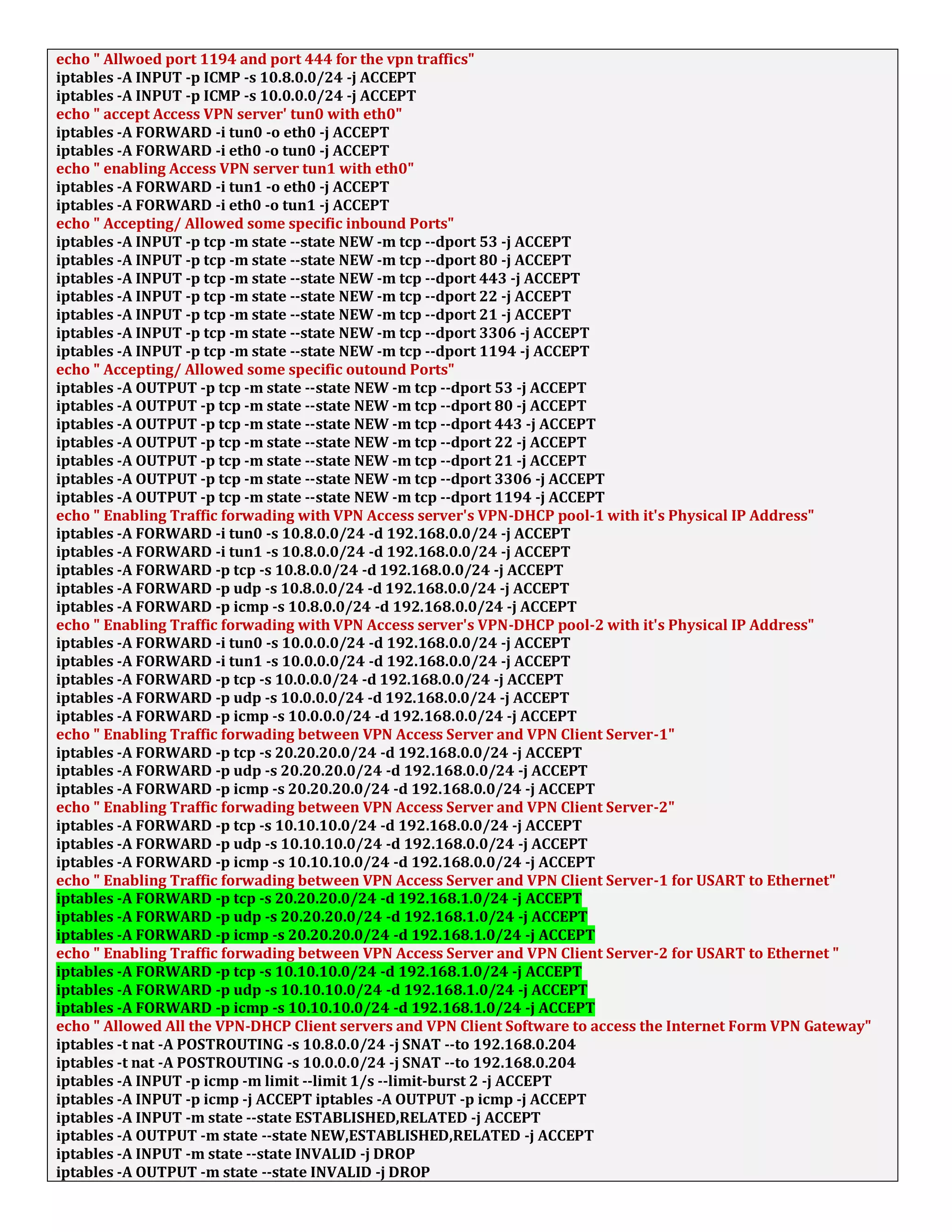 echo " Allwoed port 1194 and port 444 for the vpn traffics"
iptables -A INPUT -p ICMP -s 10.8.0.0/24 -j ACCEPT
iptables -A INPUT -p ICMP -s 10.0.0.0/24 -j ACCEPT
echo " accept Access VPN server' tun0 with eth0"
iptables -A FORWARD -i tun0 -o eth0 -j ACCEPT
iptables -A FORWARD -i eth0 -o tun0 -j ACCEPT
echo " enabling Access VPN server tun1 with eth0"
iptables -A FORWARD -i tun1 -o eth0 -j ACCEPT
iptables -A FORWARD -i eth0 -o tun1 -j ACCEPT
echo " Accepting/ Allowed some specific inbound Ports"
iptables -A INPUT -p tcp -m state --state NEW -m tcp --dport 53 -j ACCEPT
iptables -A INPUT -p tcp -m state --state NEW -m tcp --dport 80 -j ACCEPT
iptables -A INPUT -p tcp -m state --state NEW -m tcp --dport 443 -j ACCEPT
iptables -A INPUT -p tcp -m state --state NEW -m tcp --dport 22 -j ACCEPT
iptables -A INPUT -p tcp -m state --state NEW -m tcp --dport 21 -j ACCEPT
iptables -A INPUT -p tcp -m state --state NEW -m tcp --dport 3306 -j ACCEPT
iptables -A INPUT -p tcp -m state --state NEW -m tcp --dport 1194 -j ACCEPT
echo " Accepting/ Allowed some specific outound Ports"
iptables -A OUTPUT -p tcp -m state --state NEW -m tcp --dport 53 -j ACCEPT
iptables -A OUTPUT -p tcp -m state --state NEW -m tcp --dport 80 -j ACCEPT
iptables -A OUTPUT -p tcp -m state --state NEW -m tcp --dport 443 -j ACCEPT
iptables -A OUTPUT -p tcp -m state --state NEW -m tcp --dport 22 -j ACCEPT
iptables -A OUTPUT -p tcp -m state --state NEW -m tcp --dport 21 -j ACCEPT
iptables -A OUTPUT -p tcp -m state --state NEW -m tcp --dport 3306 -j ACCEPT
iptables -A OUTPUT -p tcp -m state --state NEW -m tcp --dport 1194 -j ACCEPT
echo " Enabling Traffic forwading with VPN Access server's VPN-DHCP pool-1 with it's Physical IP Address"
iptables -A FORWARD -i tun0 -s 10.8.0.0/24 -d 192.168.0.0/24 -j ACCEPT
iptables -A FORWARD -i tun1 -s 10.8.0.0/24 -d 192.168.0.0/24 -j ACCEPT
iptables -A FORWARD -p tcp -s 10.8.0.0/24 -d 192.168.0.0/24 -j ACCEPT
iptables -A FORWARD -p udp -s 10.8.0.0/24 -d 192.168.0.0/24 -j ACCEPT
iptables -A FORWARD -p icmp -s 10.8.0.0/24 -d 192.168.0.0/24 -j ACCEPT
echo " Enabling Traffic forwading with VPN Access server's VPN-DHCP pool-2 with it's Physical IP Address"
iptables -A FORWARD -i tun0 -s 10.0.0.0/24 -d 192.168.0.0/24 -j ACCEPT
iptables -A FORWARD -i tun1 -s 10.0.0.0/24 -d 192.168.0.0/24 -j ACCEPT
iptables -A FORWARD -p tcp -s 10.0.0.0/24 -d 192.168.0.0/24 -j ACCEPT
iptables -A FORWARD -p udp -s 10.0.0.0/24 -d 192.168.0.0/24 -j ACCEPT
iptables -A FORWARD -p icmp -s 10.0.0.0/24 -d 192.168.0.0/24 -j ACCEPT
echo " Enabling Traffic forwading between VPN Access Server and VPN Client Server-1"
iptables -A FORWARD -p tcp -s 20.20.20.0/24 -d 192.168.0.0/24 -j ACCEPT
iptables -A FORWARD -p udp -s 20.20.20.0/24 -d 192.168.0.0/24 -j ACCEPT
iptables -A FORWARD -p icmp -s 20.20.20.0/24 -d 192.168.0.0/24 -j ACCEPT
echo " Enabling Traffic forwading between VPN Access Server and VPN Client Server-2"
iptables -A FORWARD -p tcp -s 10.10.10.0/24 -d 192.168.0.0/24 -j ACCEPT
iptables -A FORWARD -p udp -s 10.10.10.0/24 -d 192.168.0.0/24 -j ACCEPT
iptables -A FORWARD -p icmp -s 10.10.10.0/24 -d 192.168.0.0/24 -j ACCEPT
echo " Enabling Traffic forwading between VPN Access Server and VPN Client Server-1 for USART to Ethernet"
iptables -A FORWARD -p tcp -s 20.20.20.0/24 -d 192.168.1.0/24 -j ACCEPT
iptables -A FORWARD -p udp -s 20.20.20.0/24 -d 192.168.1.0/24 -j ACCEPT
iptables -A FORWARD -p icmp -s 20.20.20.0/24 -d 192.168.1.0/24 -j ACCEPT
echo " Enabling Traffic forwading between VPN Access Server and VPN Client Server-2 for USART to Ethernet "
iptables -A FORWARD -p tcp -s 10.10.10.0/24 -d 192.168.1.0/24 -j ACCEPT
iptables -A FORWARD -p udp -s 10.10.10.0/24 -d 192.168.1.0/24 -j ACCEPT
iptables -A FORWARD -p icmp -s 10.10.10.0/24 -d 192.168.1.0/24 -j ACCEPT
echo " Allowed All the VPN-DHCP Client servers and VPN Client Software to access the Internet Form VPN Gateway"
iptables -t nat -A POSTROUTING -s 10.8.0.0/24 -j SNAT --to 192.168.0.204
iptables -t nat -A POSTROUTING -s 10.0.0.0/24 -j SNAT --to 192.168.0.204
iptables -A INPUT -p icmp -m limit --limit 1/s --limit-burst 2 -j ACCEPT
iptables -A INPUT -p icmp -j ACCEPT iptables -A OUTPUT -p icmp -j ACCEPT
iptables -A INPUT -m state --state ESTABLISHED,RELATED -j ACCEPT
iptables -A OUTPUT -m state --state NEW,ESTABLISHED,RELATED -j ACCEPT
iptables -A INPUT -m state --state INVALID -j DROP
iptables -A OUTPUT -m state --state INVALID -j DROP
 