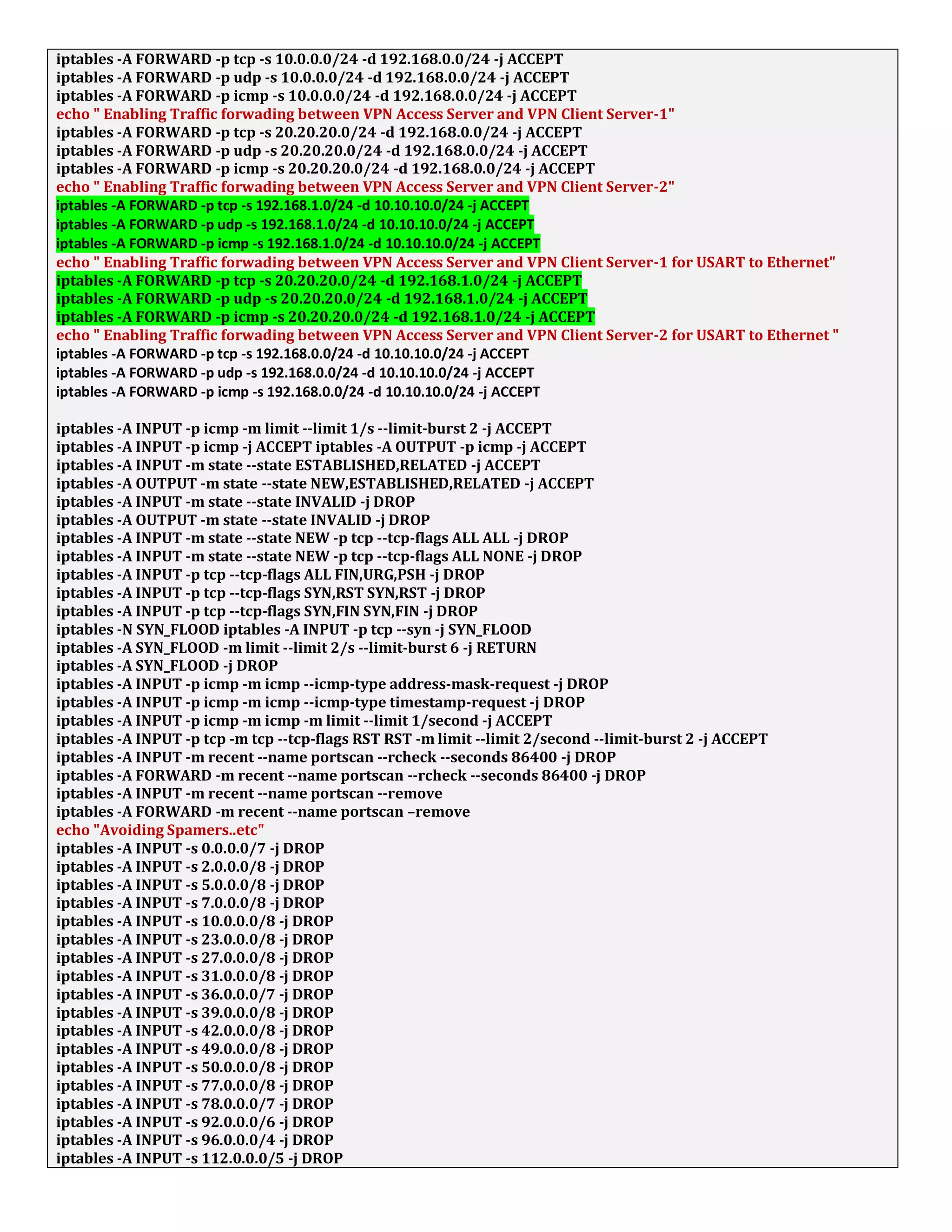 iptables -A FORWARD -p tcp -s 10.0.0.0/24 -d 192.168.0.0/24 -j ACCEPT
iptables -A FORWARD -p udp -s 10.0.0.0/24 -d 192.168.0.0/24 -j ACCEPT
iptables -A FORWARD -p icmp -s 10.0.0.0/24 -d 192.168.0.0/24 -j ACCEPT
echo " Enabling Traffic forwading between VPN Access Server and VPN Client Server-1"
iptables -A FORWARD -p tcp -s 20.20.20.0/24 -d 192.168.0.0/24 -j ACCEPT
iptables -A FORWARD -p udp -s 20.20.20.0/24 -d 192.168.0.0/24 -j ACCEPT
iptables -A FORWARD -p icmp -s 20.20.20.0/24 -d 192.168.0.0/24 -j ACCEPT
echo " Enabling Traffic forwading between VPN Access Server and VPN Client Server-2"
iptables -A FORWARD -p tcp -s 192.168.1.0/24 -d 10.10.10.0/24 -j ACCEPT
iptables -A FORWARD -p udp -s 192.168.1.0/24 -d 10.10.10.0/24 -j ACCEPT
iptables -A FORWARD -p icmp -s 192.168.1.0/24 -d 10.10.10.0/24 -j ACCEPT
echo " Enabling Traffic forwading between VPN Access Server and VPN Client Server-1 for USART to Ethernet"
iptables -A FORWARD -p tcp -s 20.20.20.0/24 -d 192.168.1.0/24 -j ACCEPT
iptables -A FORWARD -p udp -s 20.20.20.0/24 -d 192.168.1.0/24 -j ACCEPT
iptables -A FORWARD -p icmp -s 20.20.20.0/24 -d 192.168.1.0/24 -j ACCEPT
echo " Enabling Traffic forwading between VPN Access Server and VPN Client Server-2 for USART to Ethernet "
iptables -A FORWARD -p tcp -s 192.168.0.0/24 -d 10.10.10.0/24 -j ACCEPT
iptables -A FORWARD -p udp -s 192.168.0.0/24 -d 10.10.10.0/24 -j ACCEPT
iptables -A FORWARD -p icmp -s 192.168.0.0/24 -d 10.10.10.0/24 -j ACCEPT
iptables -A INPUT -p icmp -m limit --limit 1/s --limit-burst 2 -j ACCEPT
iptables -A INPUT -p icmp -j ACCEPT iptables -A OUTPUT -p icmp -j ACCEPT
iptables -A INPUT -m state --state ESTABLISHED,RELATED -j ACCEPT
iptables -A OUTPUT -m state --state NEW,ESTABLISHED,RELATED -j ACCEPT
iptables -A INPUT -m state --state INVALID -j DROP
iptables -A OUTPUT -m state --state INVALID -j DROP
iptables -A INPUT -m state --state NEW -p tcp --tcp-flags ALL ALL -j DROP
iptables -A INPUT -m state --state NEW -p tcp --tcp-flags ALL NONE -j DROP
iptables -A INPUT -p tcp --tcp-flags ALL FIN,URG,PSH -j DROP
iptables -A INPUT -p tcp --tcp-flags SYN,RST SYN,RST -j DROP
iptables -A INPUT -p tcp --tcp-flags SYN,FIN SYN,FIN -j DROP
iptables -N SYN_FLOOD iptables -A INPUT -p tcp --syn -j SYN_FLOOD
iptables -A SYN_FLOOD -m limit --limit 2/s --limit-burst 6 -j RETURN
iptables -A SYN_FLOOD -j DROP
iptables -A INPUT -p icmp -m icmp --icmp-type address-mask-request -j DROP
iptables -A INPUT -p icmp -m icmp --icmp-type timestamp-request -j DROP
iptables -A INPUT -p icmp -m icmp -m limit --limit 1/second -j ACCEPT
iptables -A INPUT -p tcp -m tcp --tcp-flags RST RST -m limit --limit 2/second --limit-burst 2 -j ACCEPT
iptables -A INPUT -m recent --name portscan --rcheck --seconds 86400 -j DROP
iptables -A FORWARD -m recent --name portscan --rcheck --seconds 86400 -j DROP
iptables -A INPUT -m recent --name portscan --remove
iptables -A FORWARD -m recent --name portscan –remove
echo "Avoiding Spamers..etc"
iptables -A INPUT -s 0.0.0.0/7 -j DROP
iptables -A INPUT -s 2.0.0.0/8 -j DROP
iptables -A INPUT -s 5.0.0.0/8 -j DROP
iptables -A INPUT -s 7.0.0.0/8 -j DROP
iptables -A INPUT -s 10.0.0.0/8 -j DROP
iptables -A INPUT -s 23.0.0.0/8 -j DROP
iptables -A INPUT -s 27.0.0.0/8 -j DROP
iptables -A INPUT -s 31.0.0.0/8 -j DROP
iptables -A INPUT -s 36.0.0.0/7 -j DROP
iptables -A INPUT -s 39.0.0.0/8 -j DROP
iptables -A INPUT -s 42.0.0.0/8 -j DROP
iptables -A INPUT -s 49.0.0.0/8 -j DROP
iptables -A INPUT -s 50.0.0.0/8 -j DROP
iptables -A INPUT -s 77.0.0.0/8 -j DROP
iptables -A INPUT -s 78.0.0.0/7 -j DROP
iptables -A INPUT -s 92.0.0.0/6 -j DROP
iptables -A INPUT -s 96.0.0.0/4 -j DROP
iptables -A INPUT -s 112.0.0.0/5 -j DROP
 