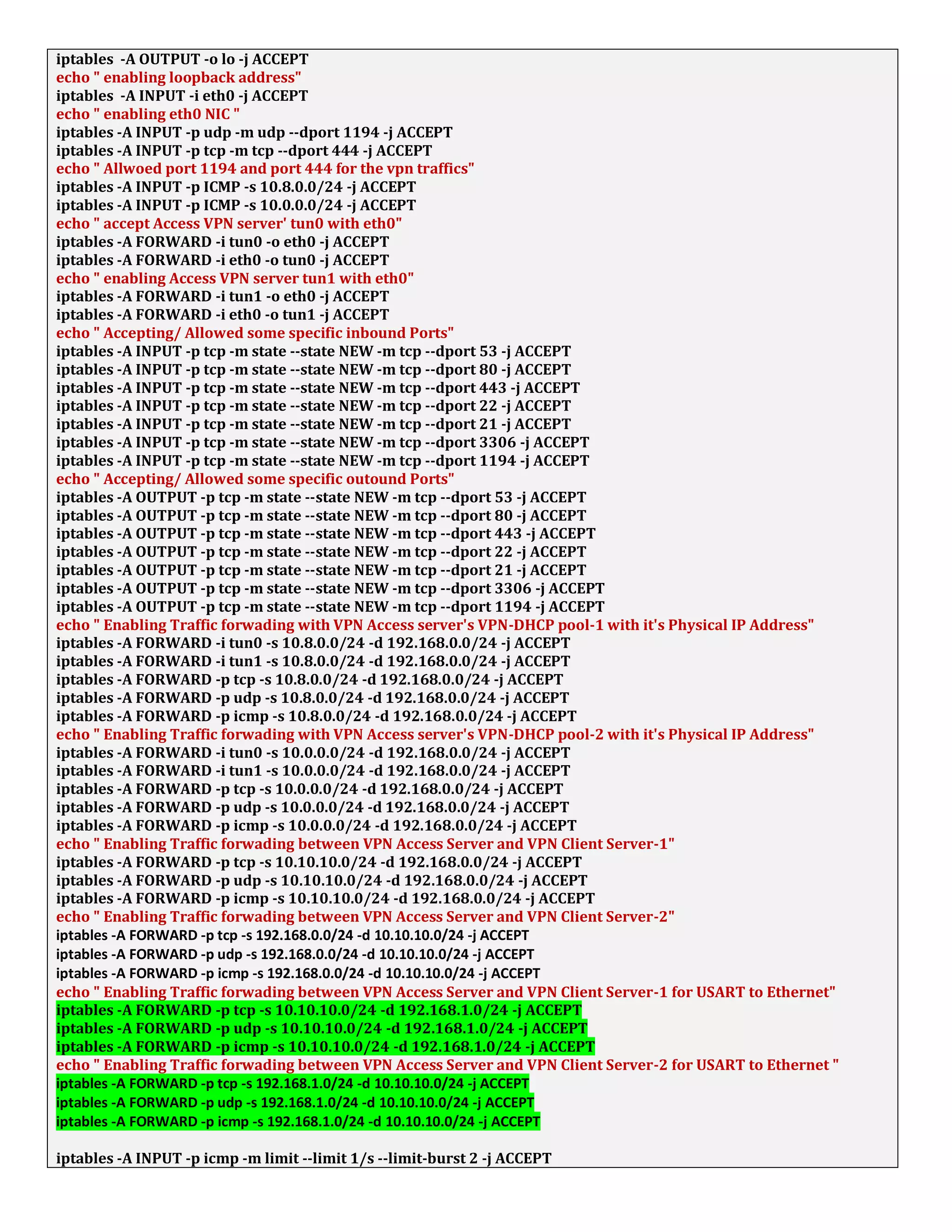 iptables -A OUTPUT -o lo -j ACCEPT
echo " enabling loopback address"
iptables -A INPUT -i eth0 -j ACCEPT
echo " enabling eth0 NIC "
iptables -A INPUT -p udp -m udp --dport 1194 -j ACCEPT
iptables -A INPUT -p tcp -m tcp --dport 444 -j ACCEPT
echo " Allwoed port 1194 and port 444 for the vpn traffics"
iptables -A INPUT -p ICMP -s 10.8.0.0/24 -j ACCEPT
iptables -A INPUT -p ICMP -s 10.0.0.0/24 -j ACCEPT
echo " accept Access VPN server' tun0 with eth0"
iptables -A FORWARD -i tun0 -o eth0 -j ACCEPT
iptables -A FORWARD -i eth0 -o tun0 -j ACCEPT
echo " enabling Access VPN server tun1 with eth0"
iptables -A FORWARD -i tun1 -o eth0 -j ACCEPT
iptables -A FORWARD -i eth0 -o tun1 -j ACCEPT
echo " Accepting/ Allowed some specific inbound Ports"
iptables -A INPUT -p tcp -m state --state NEW -m tcp --dport 53 -j ACCEPT
iptables -A INPUT -p tcp -m state --state NEW -m tcp --dport 80 -j ACCEPT
iptables -A INPUT -p tcp -m state --state NEW -m tcp --dport 443 -j ACCEPT
iptables -A INPUT -p tcp -m state --state NEW -m tcp --dport 22 -j ACCEPT
iptables -A INPUT -p tcp -m state --state NEW -m tcp --dport 21 -j ACCEPT
iptables -A INPUT -p tcp -m state --state NEW -m tcp --dport 3306 -j ACCEPT
iptables -A INPUT -p tcp -m state --state NEW -m tcp --dport 1194 -j ACCEPT
echo " Accepting/ Allowed some specific outound Ports"
iptables -A OUTPUT -p tcp -m state --state NEW -m tcp --dport 53 -j ACCEPT
iptables -A OUTPUT -p tcp -m state --state NEW -m tcp --dport 80 -j ACCEPT
iptables -A OUTPUT -p tcp -m state --state NEW -m tcp --dport 443 -j ACCEPT
iptables -A OUTPUT -p tcp -m state --state NEW -m tcp --dport 22 -j ACCEPT
iptables -A OUTPUT -p tcp -m state --state NEW -m tcp --dport 21 -j ACCEPT
iptables -A OUTPUT -p tcp -m state --state NEW -m tcp --dport 3306 -j ACCEPT
iptables -A OUTPUT -p tcp -m state --state NEW -m tcp --dport 1194 -j ACCEPT
echo " Enabling Traffic forwading with VPN Access server's VPN-DHCP pool-1 with it's Physical IP Address"
iptables -A FORWARD -i tun0 -s 10.8.0.0/24 -d 192.168.0.0/24 -j ACCEPT
iptables -A FORWARD -i tun1 -s 10.8.0.0/24 -d 192.168.0.0/24 -j ACCEPT
iptables -A FORWARD -p tcp -s 10.8.0.0/24 -d 192.168.0.0/24 -j ACCEPT
iptables -A FORWARD -p udp -s 10.8.0.0/24 -d 192.168.0.0/24 -j ACCEPT
iptables -A FORWARD -p icmp -s 10.8.0.0/24 -d 192.168.0.0/24 -j ACCEPT
echo " Enabling Traffic forwading with VPN Access server's VPN-DHCP pool-2 with it's Physical IP Address"
iptables -A FORWARD -i tun0 -s 10.0.0.0/24 -d 192.168.0.0/24 -j ACCEPT
iptables -A FORWARD -i tun1 -s 10.0.0.0/24 -d 192.168.0.0/24 -j ACCEPT
iptables -A FORWARD -p tcp -s 10.0.0.0/24 -d 192.168.0.0/24 -j ACCEPT
iptables -A FORWARD -p udp -s 10.0.0.0/24 -d 192.168.0.0/24 -j ACCEPT
iptables -A FORWARD -p icmp -s 10.0.0.0/24 -d 192.168.0.0/24 -j ACCEPT
echo " Enabling Traffic forwading between VPN Access Server and VPN Client Server-1"
iptables -A FORWARD -p tcp -s 10.10.10.0/24 -d 192.168.0.0/24 -j ACCEPT
iptables -A FORWARD -p udp -s 10.10.10.0/24 -d 192.168.0.0/24 -j ACCEPT
iptables -A FORWARD -p icmp -s 10.10.10.0/24 -d 192.168.0.0/24 -j ACCEPT
echo " Enabling Traffic forwading between VPN Access Server and VPN Client Server-2"
iptables -A FORWARD -p tcp -s 192.168.0.0/24 -d 10.10.10.0/24 -j ACCEPT
iptables -A FORWARD -p udp -s 192.168.0.0/24 -d 10.10.10.0/24 -j ACCEPT
iptables -A FORWARD -p icmp -s 192.168.0.0/24 -d 10.10.10.0/24 -j ACCEPT
echo " Enabling Traffic forwading between VPN Access Server and VPN Client Server-1 for USART to Ethernet"
iptables -A FORWARD -p tcp -s 10.10.10.0/24 -d 192.168.1.0/24 -j ACCEPT
iptables -A FORWARD -p udp -s 10.10.10.0/24 -d 192.168.1.0/24 -j ACCEPT
iptables -A FORWARD -p icmp -s 10.10.10.0/24 -d 192.168.1.0/24 -j ACCEPT
echo " Enabling Traffic forwading between VPN Access Server and VPN Client Server-2 for USART to Ethernet "
iptables -A FORWARD -p tcp -s 192.168.1.0/24 -d 10.10.10.0/24 -j ACCEPT
iptables -A FORWARD -p udp -s 192.168.1.0/24 -d 10.10.10.0/24 -j ACCEPT
iptables -A FORWARD -p icmp -s 192.168.1.0/24 -d 10.10.10.0/24 -j ACCEPT
iptables -A INPUT -p icmp -m limit --limit 1/s --limit-burst 2 -j ACCEPT
 