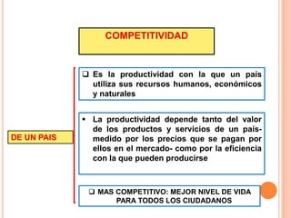COMPETITIVIDAD


              Es la productividad con la que un país
               utiliza sus recursos humanos, económicos
               y naturales


              La productividad depende tanto del valor
               de los productos y servicios de un país-
DE UN PAIS     medido por los precios que se pagan por
               ellos en el mercado- como por la eficiencia
               con la que pueden producirse



               MAS COMPETITIVO: MEJOR NIVEL DE VIDA
                    PARA TODOS LOS CIUDADANOS
 