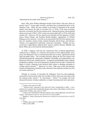 AKRON LAW REVIEW                                     [Vol. 32:2
“determined by the needs of the moment.”57

   Since 1986, when William Rehnquist became Chief Justice, there have been six
natural courts,58 twenty-eight reversals, and thirty-four overturned decisions in the
Supreme Court. While the most number of reversals (7) transpired in the second
natural court period, the bulk of reversals (22), or 78.6% of the total overruling
decisions, occurred in the first four natural courts. During this period, which spanned
almost seven years (1986 to 1993), twenty-seven precedents fell, or 79.4% of the total
number (34). Moreover, the first natural court emerged with the departure of Chief
Justice Warren Burger and President Ronald Reagan’s appointment of William
Rehnquist as his successor. Over the seven year period of the first four natural courts,
four new members, Justices Scalia, Anthony Kennedy, David Souter, and Clarence
Thomas, were appointed by politically conservative presidents. Notably, the new
conservative appointments replaced three Justices, namely Brennan, M        arshall, and
Byron White, put on the bench by liberal presidents.59

    As Table 7 suggests, when the new conservative bloc of judicial appointments
coalesced into a majority in a relatively short period of time (approximately seven
years), the Rehnquist Court re-examined precedent and, at times, significantly altered
legal and public policy. The overruling decisions during the first four natural court
periods demonstrate the “interpretative instability” and fluidity of constitutional law, one
dimension of the Courts’ judicial activism. As political scientist Bradley Canon explains,
interpretative stability is one of six dimensions of judicial activism and it “measures the
degree to which a Supreme Court decision either retains or abandons precedent or
existing judicial doctrine.”60 Moreover, he notes, “[t]he most visible and dramatic
instance of interpretative instability comes when the Court explicitly overrules one of its
own earlier decisions.”61

   Through its reversals of precedent the Rehnquist Court has been politically
successful in narrowing the scope of civil rights of those who come into contact with
the criminal justice system.62 In Thornburgh v. Abbott, 63 for example, the Court
increased the power of prison authorities to inspect incoming mail sent to prisoners.

   57
      Cooper, supra note 54, at 402.
   58
       “Natural courts” represent a time when the Court’s membership is stable. A new
natural court is created when membership changes and a justice either begins or ends service
on the bench. O’Brien, supra note 31, at 981.
   59
      Justice Lewis Powell (part of the first natural court), a Nixon appointee, also left Court
service. THE SUPREME COURT OF THE UNITED STATES 22-23 (1997).
   60
      Bradley C. Canon, Defining the Dimensions of Judicial Activism, 66 JUDICATURE 237,
241 (1983).
   61
      Id.
   62
      O’Brien, supra note 31, at 996-98.
   63
      490 U.S. 401 (1989).
 
