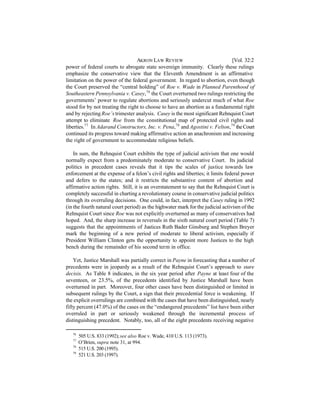 AKRON LAW REVIEW                              [Vol. 32:2
power of federal courts to abrogate state sovereign immunity. Clearly these rulings
emphasize the conservative view that the Eleventh Amendment is an affirmative
limitation on the power of the federal government. In regard to abortion, even though
the Court preserved the “central holding” of Roe v. Wade in Planned Parenthood of
Southeastern Pennsylvania v. Casey, 76 the Court overturned two rulings restricting the
governments’ power to regulate abortions and seriously undercut much of what Roe
stood for by not treating the right to choose to have an abortion as a fundamental right
and by rejecting Roe’s trimester analysis. Casey is the most significant Rehnquist Court
attempt to eliminate Roe from the constitutional map of protected civil rights and
liberties.77 In Adarand Constructors, Inc. v. Pena, 78 and Agostini v. Felton, 79 the Court
continued its progress toward making affirmative action an anachronism and increasing
the right of government to accommodate religious beliefs.

    In sum, the Rehnquist Court exhibits the type of judicial activism that one would
normally expect from a predominately moderate to conservative Court. Its judicial
politics in precedent cases reveals that it tips the scales of justice towards law
enforcement at the expense of a felon’s civil rights and liberties; it limits federal power
and defers to the states; and it restricts the substantive content of abortion and
affirmative action rights. Still, it is an overstatement to say that the Rehnquist Court is
completely successful in charting a revolutionary course in conservative judicial politics
through its overruling decisions. One could, in fact, interpret the Casey ruling in 1992
(in the fourth natural court period) as the highwater mark for the judicial activism of the
Rehnquist Court since Roe was not explicitly overturned as many of conservatives had
hoped. And, the sharp increase in reversals in the sixth natural court period (Table 7)
suggests that the appointments of Justices Ruth Bader Ginsburg and Stephen Breyer
mark the beginning of a new period of moderate to liberal activism, especially if
President William Clinton gets the opportunity to appoint more Justices to the high
bench during the remainder of his second term in office.

    Yet, Justice Marshall was partially correct in Payne in forecasting that a number of
precedents were in jeopardy as a result of the Rehnquist Court’s approach to stare
decisis. As Table 8 indicates, in the six year period after Payne at least four of the
seventeen, or 23.5%, of the precedents identified by Justice Marshall have been
overturned in part. Moreover, four other cases have been distinguished or limited in
subsequent rulings by the Court, a sign that their precedential force is weakening. If
the explicit overrulings are combined with the cases that have been distinguished, nearly
fifty percent (47.0%) of the cases on the “endangered precedents” list have been either
overruled in part or seriously weakened through the incremental process of
distinguishing precedent. Notably, too, all of the eight precedents receiving negative

   76
        505 U.S. 833 (1992); see also Roe v. Wade, 410 U.S. 113 (1973).
   77
        O’Brien, supra note 31, at 994.
   78
        515 U.S. 200 (1995).
   79
        521 U.S. 203 (1997).
 