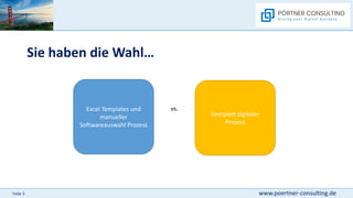 www.poertner-consulting.de
Folie 3
Sie haben die Wahl…
Excel Templates und
manueller
Softwareauswahl Prozess
Komplett digitaler
Prozess
vs.
 