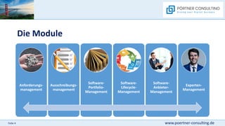 www.poertner-consulting.de
Folie 4
Die Module
Anforderungs-
management
Ausschreibungs-
management
Software-
Portfolio-
Management
Software-
Lifecycle-
Management
Software-
Anbieter-
Management
Experten-
Management
 