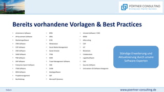 www.poertner-consulting.de
Folie 6
Bereits vorhandene Vorlagen & Best Practices
• eCommerce Software
• eProcurement Software
• Marketingsoftware
• CRM Software
• CDP Software
• CMS Software
• DAM Software
• PIM Software
• ERP Software
• Enterprise Search Software
• ITSM Software
• BPM Software
• Projektmanagement
• Buchhaltung
• Intranet-Software / CMS
• MDM
• eRecruiting
• CDP
• IoT
• Blockchain
• Collaboration
• Logistiksoftware
• CAD
• Security Software
• Und weitere 30 Software-Kategorien
• BPM
• DMS
• ECM
• Webanalyse
• Social Media Management
• Social Intranet
• ITSM
• DAM
• Travel Management Software
• IAM
• CIAM
• Katalogsoftware
• SAP
• Microsoft Dynamics
Ständige Erweiterung und
Aktualisierung durch unsere
Software-Experten
 