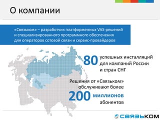 О компании
Решения от «Связьком»
обслуживают более
миллионов
абонентов
успешных инсталляций
для компаний России
и стран СНГ
80
«Связьком» – разработчик платформенных VAS-решений
и специализированного программного обеспечения
для операторов сотовой связи и сервис-провайдеров
200
 