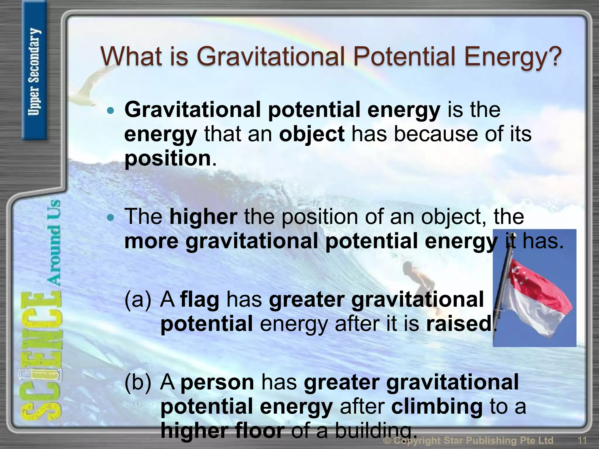 What is Gravitational Potential Energy?
 Gravitational potential energy is the
energy that an object has because of its
position.
 The higher the position of an object, the
more gravitational potential energy it has.
(a) A flag has greater gravitational
potential energy after it is raised.
(b) A person has greater gravitational
potential energy after climbing to a
higher floor of a building.© Copyright Star Publishing Pte Ltd 11
 