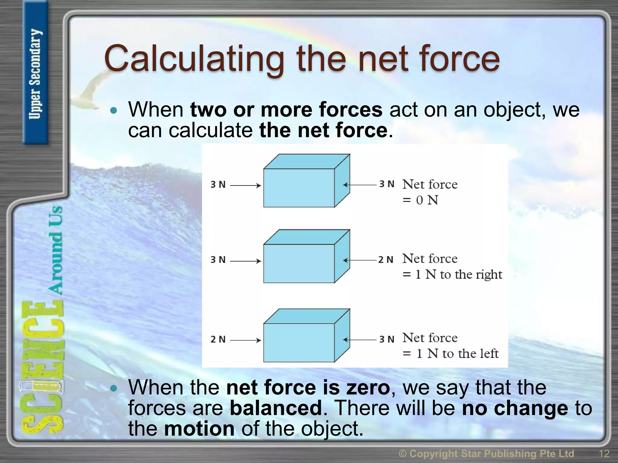 Calculating the net force
 When two or more forces act on an object, we
can calculate the net force.
 When the net force is zero, we say that the
forces are balanced. There will be no change to
the motion of the object.
© Copyright Star Publishing Pte Ltd 12
 