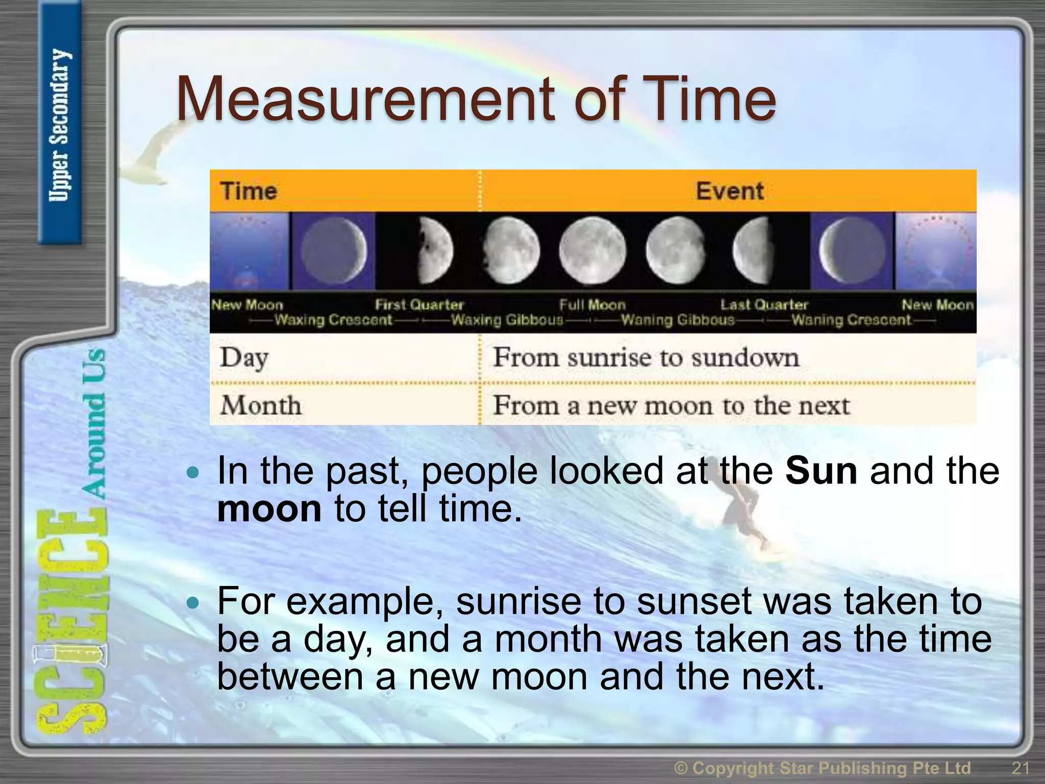 Measurement of Time
 In the past, people looked at the Sun and the
moon to tell time.
 For example, sunrise to sunset was taken to
be a day, and a month was taken as the time
between a new moon and the next.
© Copyright Star Publishing Pte Ltd 21
 