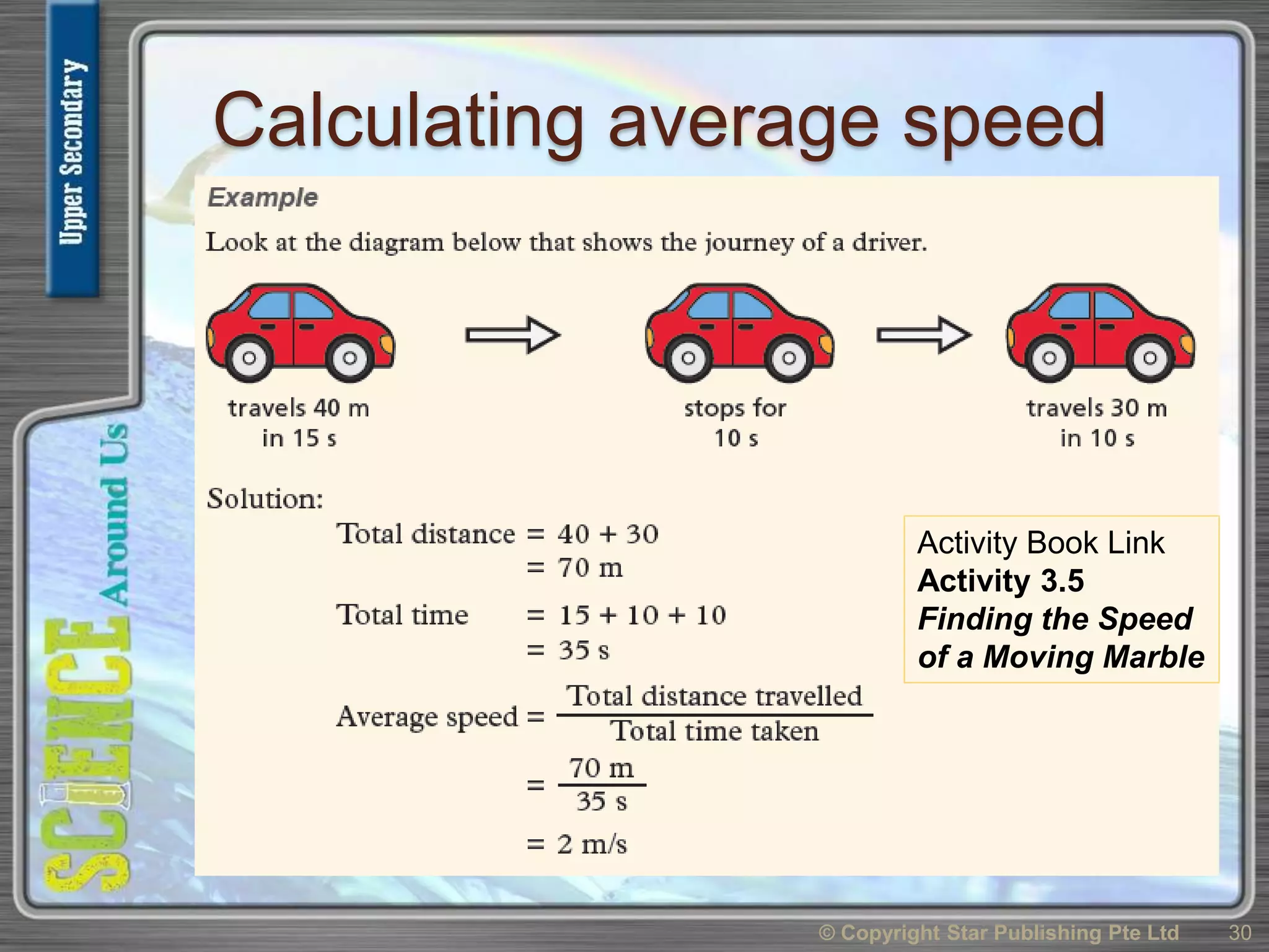 Calculating average speed
© Copyright Star Publishing Pte Ltd 30
Activity Book Link
Activity 3.5
Finding the Speed
of a Moving Marble
 