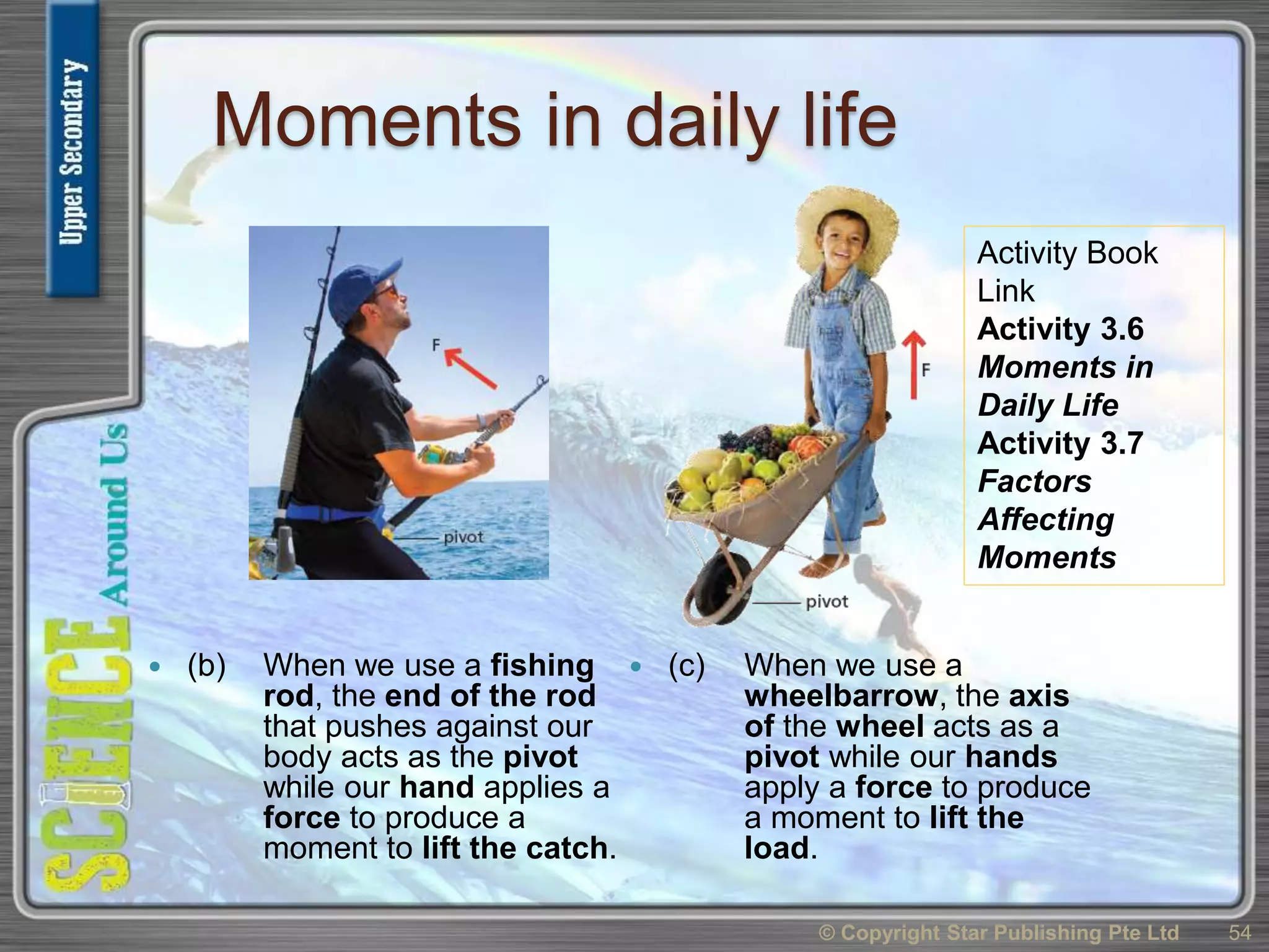Moments in daily life
 (b) When we use a fishing
rod, the end of the rod
that pushes against our
body acts as the pivot
while our hand applies a
force to produce a
moment to lift the catch.
 (c) When we use a
wheelbarrow, the axis
of the wheel acts as a
pivot while our hands
apply a force to produce
a moment to lift the
load.
© Copyright Star Publishing Pte Ltd 54
Activity Book
Link
Activity 3.6
Moments in
Daily Life
Activity 3.7
Factors
Affecting
Moments
 