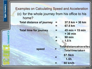 Examples on Calculating Speed and Acceleration
(c) for the whole journey from his office to his
home?
© Copyright Star Publishing Pte Ltd 37
speed = takentimeTotal
travelleddistanceTotal
=
1.5h
67.5km
= 60 km/h
Total distance of journey = 37.5 km + 30 km
= 67.5 km
Total time for journey = 45 min + 15 min
+ 30 min
= 90 min
= 1.5 h
 