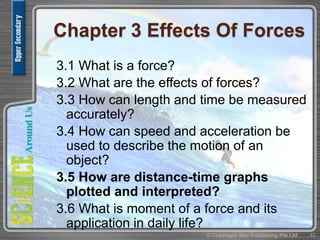 Chapter 3 Effects Of Forces
3.1 What is a force?
3.2 What are the effects of forces?
3.3 How can length and time be measured
accurately?
3.4 How can speed and acceleration be
used to describe the motion of an
object?
3.5 How are distance-time graphs
plotted and interpreted?
3.6 What is moment of a force and its
application in daily life?
42© Copyright Star Publishing Pte Ltd
 