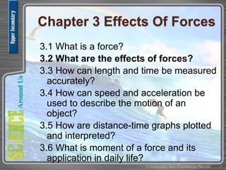 Chapter 3 Effects Of Forces
3.1 What is a force?
3.2 What are the effects of forces?
3.3 How can length and time be measured
accurately?
3.4 How can speed and acceleration be
used to describe the motion of an
object?
3.5 How are distance-time graphs plotted
and interpreted?
3.6 What is moment of a force and its
application in daily life?
7© Copyright Star Publishing Pte Ltd
 