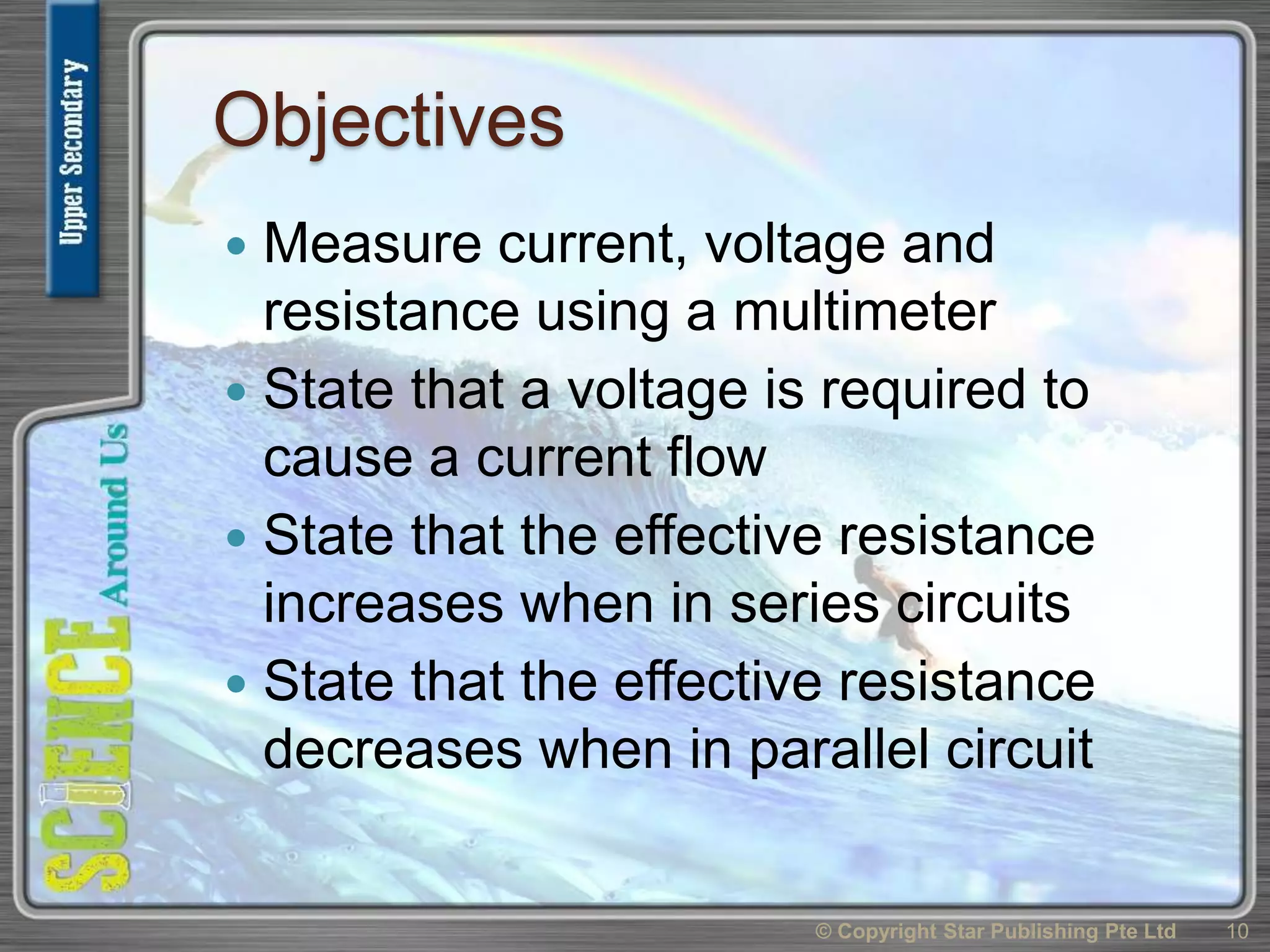 Objectives
 Measure current, voltage and
resistance using a multimeter
 State that a voltage is required to
cause a current flow
 State that the effective resistance
increases when in series circuits
 State that the effective resistance
decreases when in parallel circuit
10© Copyright Star Publishing Pte Ltd
 