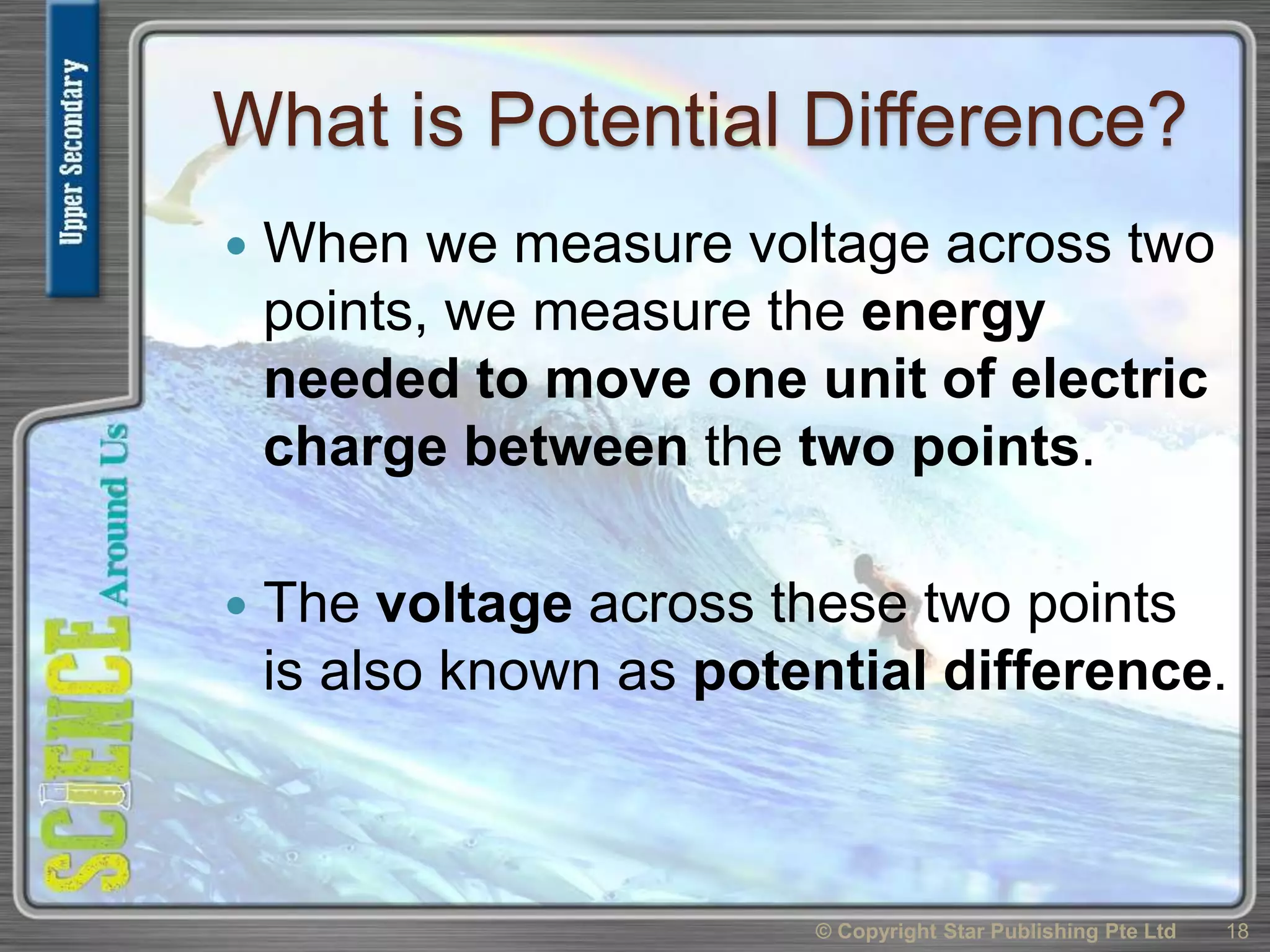 What is Potential Difference?
 When we measure voltage across two
points, we measure the energy
needed to move one unit of electric
charge between the two points.
 The voltage across these two points
is also known as potential difference.
© Copyright Star Publishing Pte Ltd 18
 
