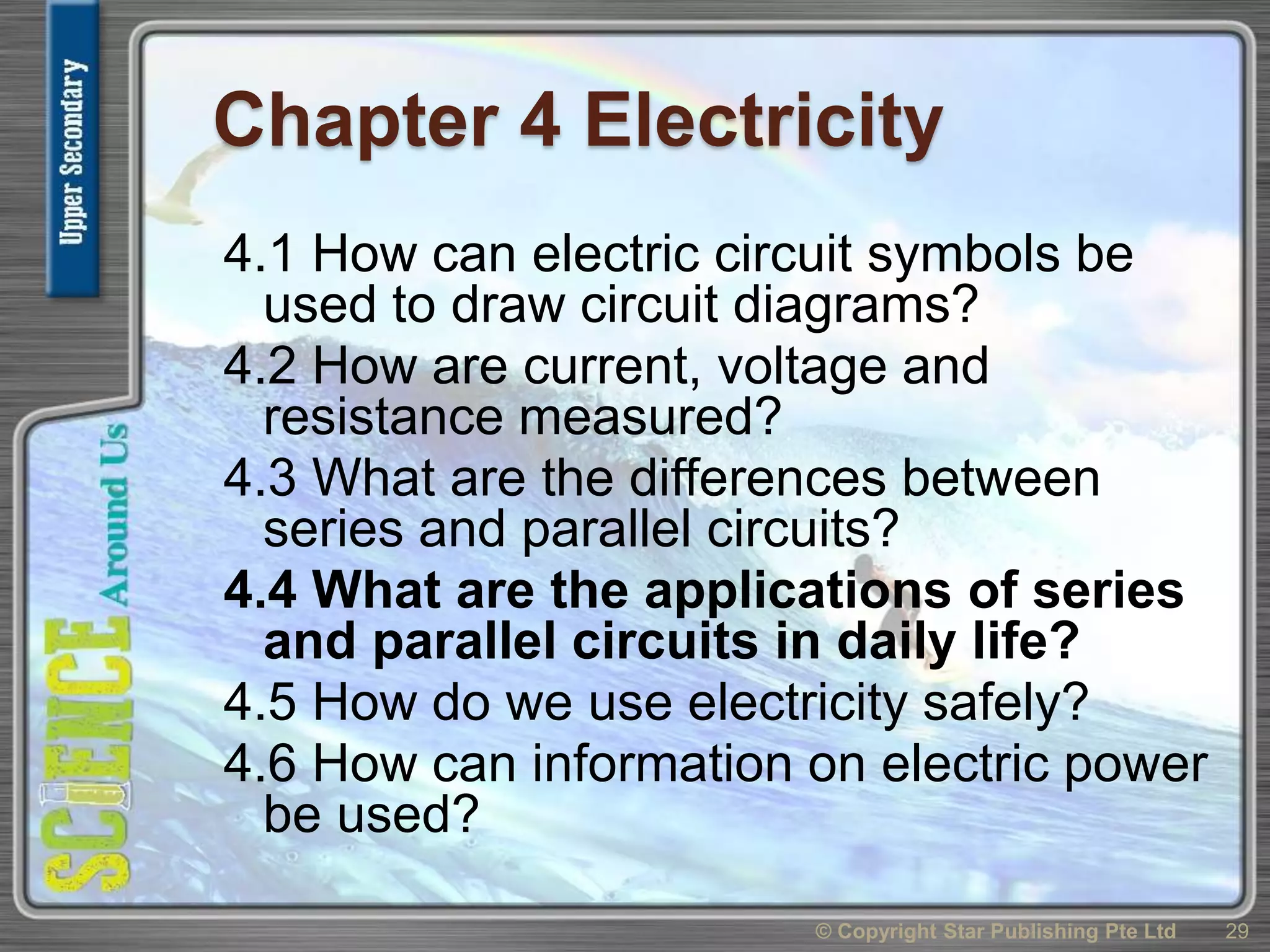 Chapter 4 Electricity
4.1 How can electric circuit symbols be
used to draw circuit diagrams?
4.2 How are current, voltage and
resistance measured?
4.3 What are the differences between
series and parallel circuits?
4.4 What are the applications of series
and parallel circuits in daily life?
4.5 How do we use electricity safely?
4.6 How can information on electric power
be used?
29© Copyright Star Publishing Pte Ltd
 