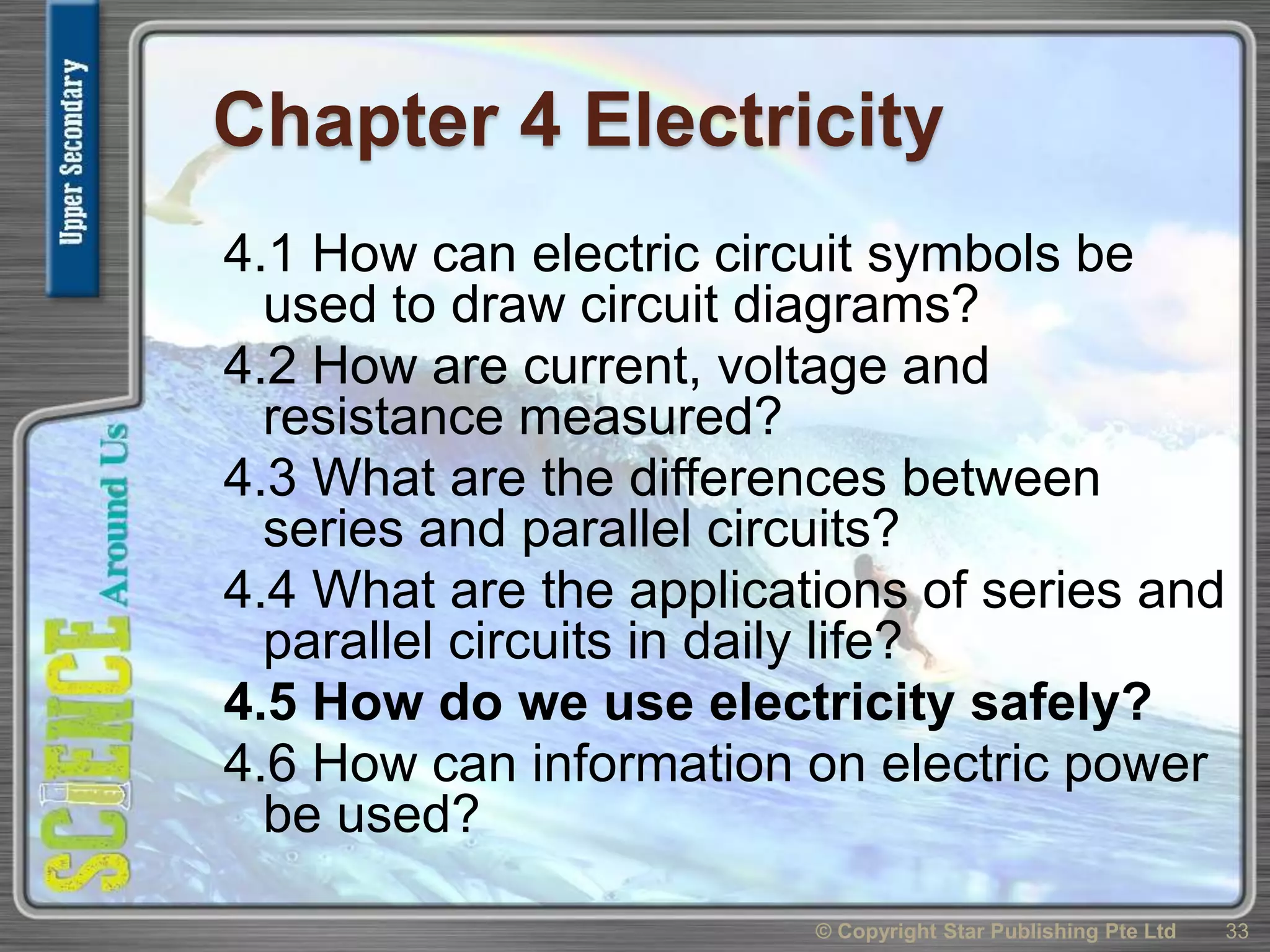 Chapter 4 Electricity
4.1 How can electric circuit symbols be
used to draw circuit diagrams?
4.2 How are current, voltage and
resistance measured?
4.3 What are the differences between
series and parallel circuits?
4.4 What are the applications of series and
parallel circuits in daily life?
4.5 How do we use electricity safely?
4.6 How can information on electric power
be used?
33© Copyright Star Publishing Pte Ltd
 