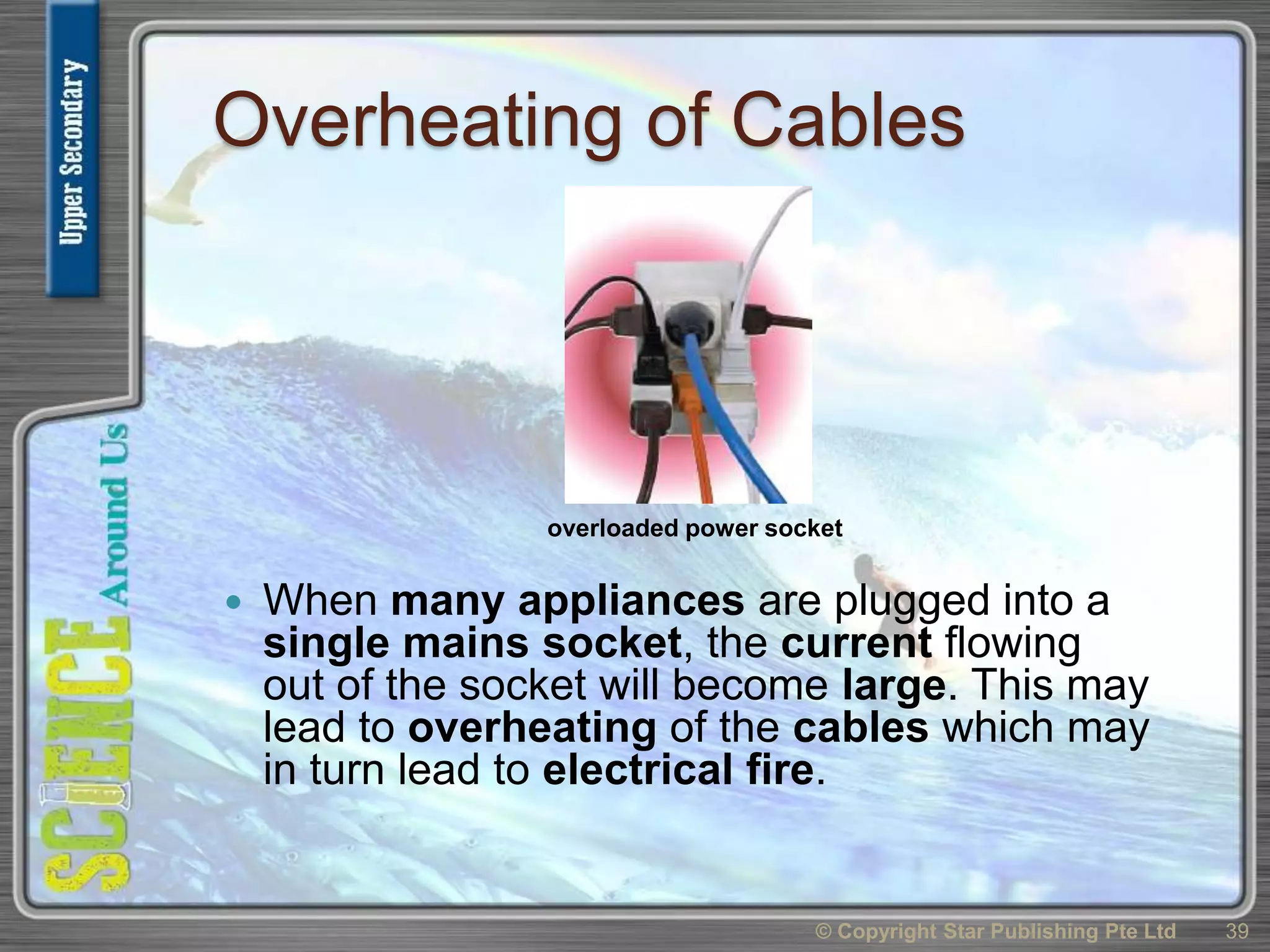 Overheating of Cables
 When many appliances are plugged into a
single mains socket, the current flowing
out of the socket will become large. This may
lead to overheating of the cables which may
in turn lead to electrical fire.
© Copyright Star Publishing Pte Ltd 39
overloaded power socket
 