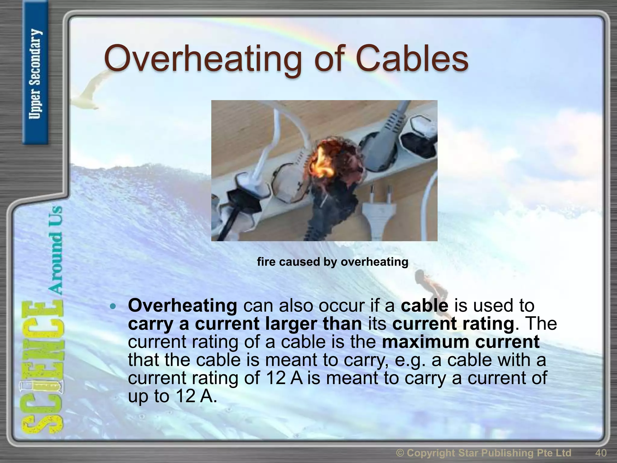 Overheating of Cables
 Overheating can also occur if a cable is used to
carry a current larger than its current rating. The
current rating of a cable is the maximum current
that the cable is meant to carry, e.g. a cable with a
current rating of 12 A is meant to carry a current of
up to 12 A.
© Copyright Star Publishing Pte Ltd 40
fire caused by overheating
 