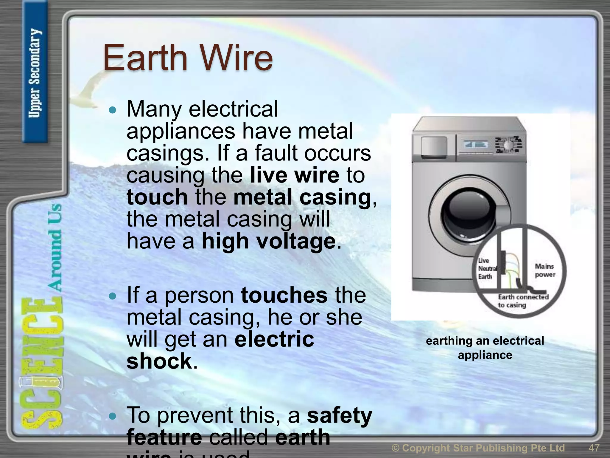 Earth Wire
 Many electrical
appliances have metal
casings. If a fault occurs
causing the live wire to
touch the metal casing,
the metal casing will
have a high voltage.
 If a person touches the
metal casing, he or she
will get an electric
shock.
 To prevent this, a safety
feature called earth © Copyright Star Publishing Pte Ltd 47
earthing an electrical
appliance
 