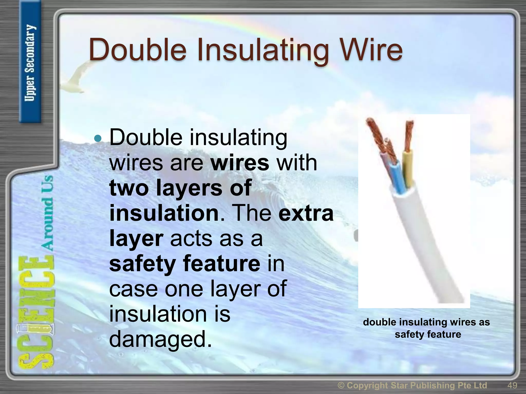 Double Insulating Wire
 Double insulating
wires are wires with
two layers of
insulation. The extra
layer acts as a
safety feature in
case one layer of
insulation is
damaged.
© Copyright Star Publishing Pte Ltd 49
double insulating wires as
safety feature
 