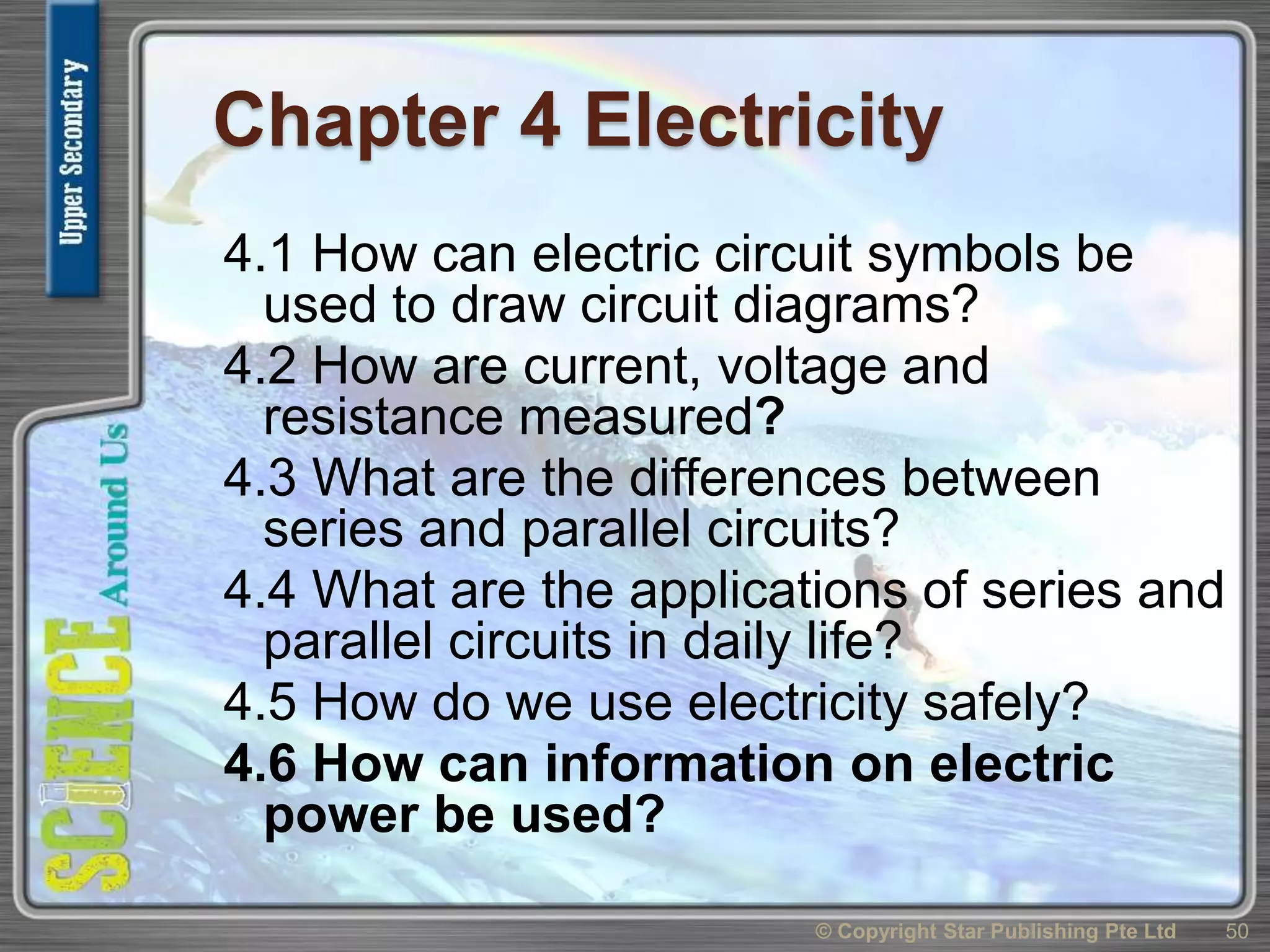 Chapter 4 Electricity
4.1 How can electric circuit symbols be
used to draw circuit diagrams?
4.2 How are current, voltage and
resistance measured?
4.3 What are the differences between
series and parallel circuits?
4.4 What are the applications of series and
parallel circuits in daily life?
4.5 How do we use electricity safely?
4.6 How can information on electric
power be used?
50© Copyright Star Publishing Pte Ltd
 