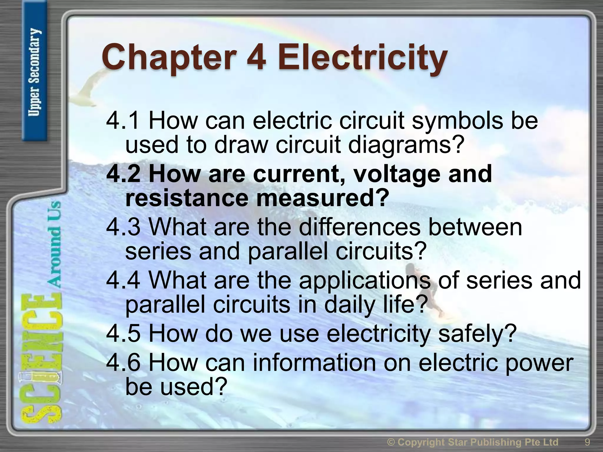 Chapter 4 Electricity
4.1 How can electric circuit symbols be
used to draw circuit diagrams?
4.2 How are current, voltage and
resistance measured?
4.3 What are the differences between
series and parallel circuits?
4.4 What are the applications of series and
parallel circuits in daily life?
4.5 How do we use electricity safely?
4.6 How can information on electric power
be used?
9© Copyright Star Publishing Pte Ltd
 