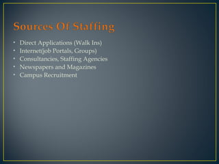 • Direct Applications (Walk Ins)
• Internet(job Portals, Groups)
• Consultancies, Staffing Agencies
• Newspapers and Magazines
• Campus Recruitment
 