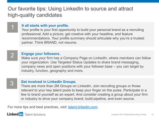 LinkedIn 2013 Global Recruiting Trends 12
Our favorite tips: Using LinkedIn to source and attract
high-quality candidates
1 It all starts with your profile.
Your profile is your first opportunity to build your personal brand as a recruiting
professional. Add a picture, get creative with your headline, and feature
recommendations. Your profile summary should articulate why you’re a trusted
partner. Think BRAND, not resume.
2 Engage your followers.
Make sure your firm has a Company Page on LinkedIn, where members can follow
your organization. Use Targeted Status Updates to share brand messaging,
company news and open positions with your follower base – you can target by
industry, function, geography and more.
3 Get involved in LinkedIn Groups.
There are more than 2M Groups on LinkedIn. Join recruiting groups or those
relevant to your key talent pools to keep your finger on the pulse. Participate in a
few to brand yourself as an expert. And consider creating a group about your firm
or industry to drive your company brand, build pipeline, and even source.
For more tips and best practices, visit: talent.linkedin.com.
 