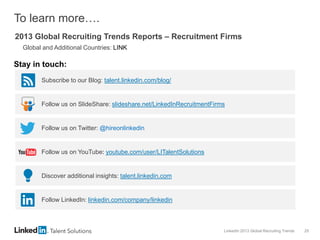 LinkedIn 2013 Global Recruiting Trends 25
To learn more….
2013 Global Recruiting Trends Reports – Recruitment Firms
Global and Additional Countries: LINK
Subscribe to our Blog: talent.linkedin.com/blog/
Follow us on SlideShare: slideshare.net/LinkedInRecruitmentFirms
Follow us on Twitter: @hireonlinkedin
Follow us on YouTube: youtube.com/user/LITalentSolutions
Discover additional insights: talent.linkedin.com
Follow LinkedIn: linkedin.com/company/linkedin
Stay in touch:
 