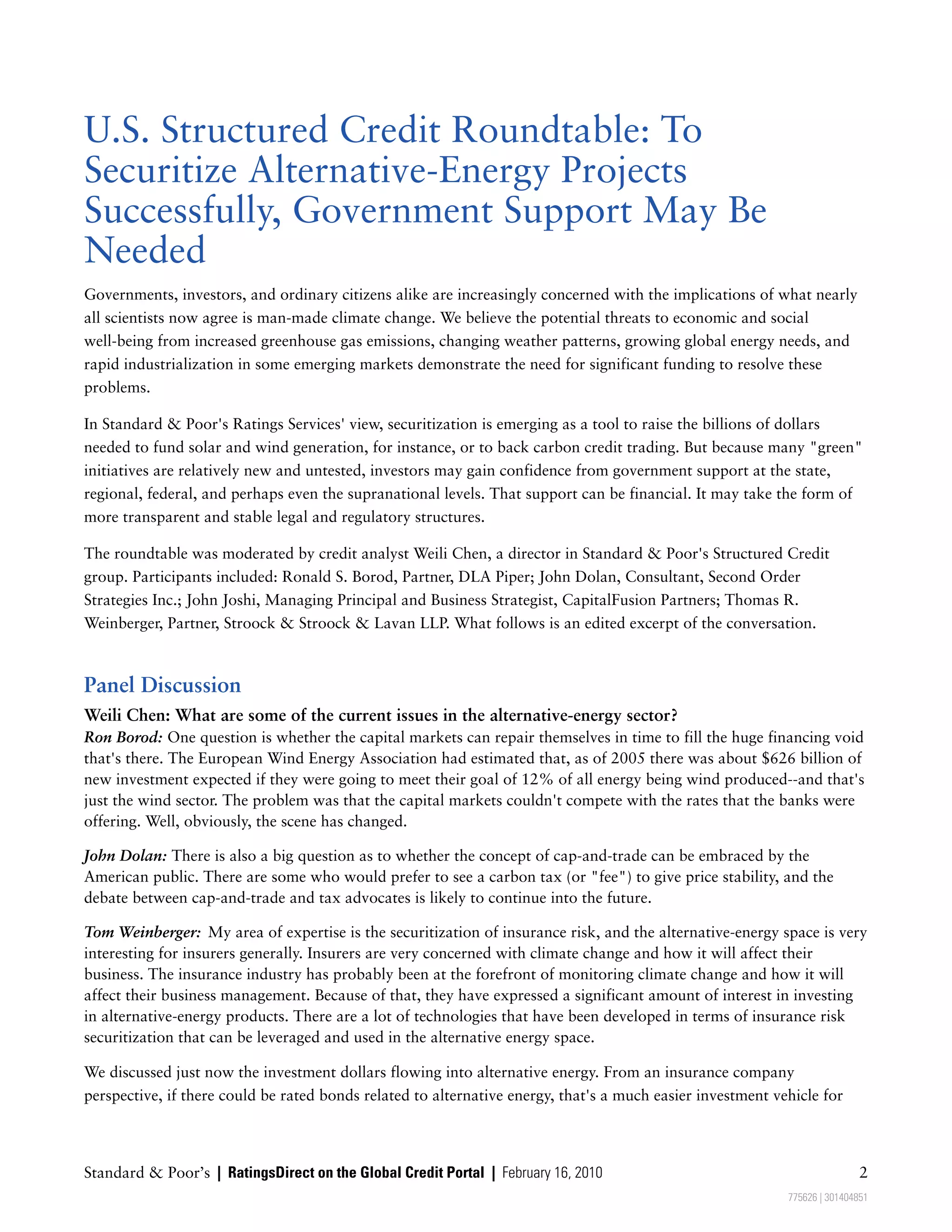 Us Structured Credit Roundtable To Securitize Alternative Energy ...