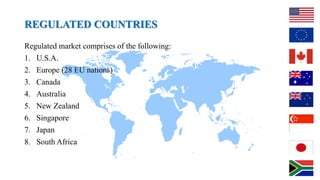 REGULATED COUNTRIES
Regulated market comprises of the following:
1. U.S.A.
2. Europe (28 EU nations)
3. Canada
4. Australia
5. New Zealand
6. Singapore
7. Japan
8. South Africa
 
