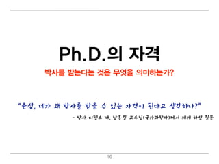 Ph.D.의 자격
     박사를 받는다는 것은 무엇을 의 미 하는가?



“윤섭, 네가 왜 박사를 받을 수 있는 자격이 된다고 생각하나?”
          - 박사 디펜스 때, 남홍길 교수님(국가과학자)께서 제게 하신 질문




                   16
 