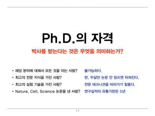 Ph.D.의 자격
         박사를 받는다는 것은 무엇을 의 미 하는가?


• 해당 분야에 대 해서 모든 것을 아는 사람?          불가능하다.
• 최 고의 전문 지식을 가진 사람?                한, 두달만 논문 안 읽 으면 뒤 쳐 진다.
• 최 고의 실험 기 술을 가진 사람?               전문 테 크니 션을 따라가기 힘 들다.
• Nature, Cell, Science 논문을 낸 사람?   연 구실적의 유통기 한은 5년




                              17
 