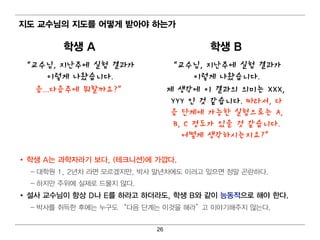 지도 교수님 의 지도를 어 떻 게 받아야 하는가

          학생 A                               학생 B
“교수님, 지난주에 실험 결과가                    “교수님, 지난주에 실험 결과가
     이렇게 나왔습니다.                            이렇게 나왔습니다.
  음...다음주에 뭐할까요?”                    제 생각에 이 결과의 의미는 XXX,
                                      YYY 인 것 같습니다. 따라서, 다
                                      음 단계에 가능한 실험으로는 A,
                                      B, C 정도가 있을 것 같습니다.
                                        어떻게 생각하시는지요?”

• 학생 A는 과학자라기 보다, (테 크니 션)에 가깝다.
  – 대 학원 1, 2년 차 라면 모르겠지 만, 박사 말년 차에 도 이 러 고 있으면 정 말 곤란하다 .
  – 하지 만 주위 에 실제로 드물지 않다.
• 설사 교수님 이 항상 D나 E를 하라고 하더 라도, 학생 B와 같이 능동적으로 해야 한다.
  – 박사를 취 득한 후에 는 누구도 “ 다음 단계 는 이 것을 해 라” 고 이 야기 해 주지 않는다 .


                                26
 