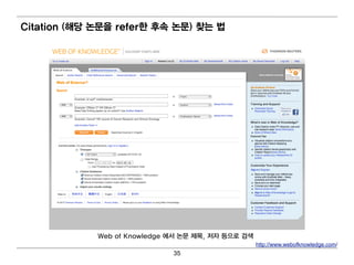 Citation (해당 논문을 refer한 후속 논문) 찾는 법




             Web of Knowledge 에 서 논문 제목, 저자 등으로 검 색
                                                      http://www.webofknowledge.com/
                               35
 