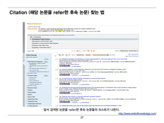 Citation (해당 논문을 refer한 후속 논문) 찾는 법




            앞서 검 색된 논문을 refer한 후속 논문들의 리 스트가 나온다.
                                                http://www.webofknowledge.com/
                             37
 
