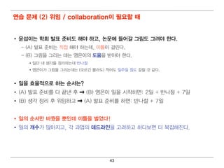 연습 문제 (2) 위 임 / collaboration이 필요할 때


• 윤섭이 는 학회 발표 준비 도 해야 하고, 논문에 들어 갈 그림 도 그려 야 한다.
  – (A) 발표 준비 는 직 접 해 야 하는데 , 이 틀이 걸 린 다 .
  – (B) 그림 을 그리 는 데 는 영 은이 의 도움을 받아야 한다 .
     • 일 단 내 생각을 정 리 하는데 반나 절
     • 영 은이 가 그림 을 그리 는데 는 (모르긴 몰라도) 적 어 도 일 주일 정 도 걸 릴 것 같다.


• 일 을 효율적으로 하는 순서는?
• (A) 발표 준비 를 다 끝낸 후         (B) 영 은이 일 을 시 작하면 : 2일 + 반나절 + 7일
• (B) 생각 정 리 후 위 임 하고       (A) 발표 준비 를 하면 : 반나절 + 7일


• 일 의 순서만 바꿨을 뿐인 데 이 틀을 벌 었다!
• 일 의 개 수가 많아지 고, 각 과업 의 데 드라인 을 고려 하고 하다보면 더 복잡해 진 다.




                                       43
 
