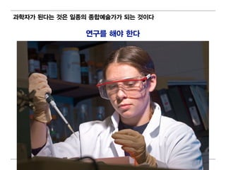 과학자가 된다는 것은 일 종의 종합예술가가 되 는 것이 다

                연구를 해야 한다




                      68
 