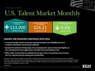 February 7, 2014

U.S. EMPLOYERS HIRED
A TOTAL OF

AVERAGE HOURLY EARNINGS
(ALL WORKERS)

THE UNEMPLOYMENT RATE
FELL TO

113,000

$24.21

6.6%

WORKERS IN JANUARY

1.9% ABOVE LAST YEAR

7.9% LAST JANUARY

ANEMIC JOB CREATION CONTINUES INTO 2014
• A second straight month of sub-par employment gains: just 188,000 jobs were
created in December and January combined.
• Despite the lackluster hiring totals, the unemployment picture improved slightly, as
the unemployment rate edged down and labor force participation rose.
• With a labor market that has shifted into low gear, there are growing concerns that
the U.S. economy may be losing some momentum.
The pace of hiring remained sluggish to begin 2014, as January’s job gains totaled just 113,000, following an increase of 75,000 in
December—again well below consensus expectations. The BLS’ annual revisions to the prior year’s employment data brought a little better
news. Total payroll gains for 2013 were revised upwards by 136,000, raising last year’s average monthly job increase to 194,000—a slight
acceleration from 186,000 per month in 2012.
(Continued)

 