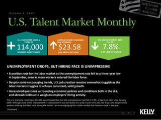 October 5, 2012




              U.S. EMPLOYERS HIRED A                 AVERAGE HOURLY EARNINGS                    THE UNEMPLOYMENT RATE
                     TOTAL OF                        (ALL WORKERS)                                      FELL TO


          114,000
              WORKERS IN SEPTEMBER
                                                      $23.58
                                                      1.8% ABOVE LAST YEAR
                                                                                                      7.8%
                                                                                                    9.0% LAST SEPTEMBER




UNEMPLOYMENT DROPS, BUT HIRING PACE IS UNIMPRESSIVE
• A positive note for the labor market as the unemployment rate fell to a three-year low
  in September, even as more workers entered the labor force.
• Despite some encouraging trends, U.S. job creation remains somewhat sluggish as the
  labor market struggles to achieve consistent, solid growth.
• Unresolved questions surrounding economic policies and conditions both in the U.S.
  and abroad continue to weigh on employers’ hiring activity.
The U.S. economy created just 114,000 jobs in September, but the unemployment rate fell to 7.8%, a figure not seen since January
2009. Although some of the improvement in unemployment was attributed to a jump in part-time jobs, the drop came despite more
workers entering the labor force during the month – an encouraging sign for a labor market that has been stuck in low gear.
(Continued)
 